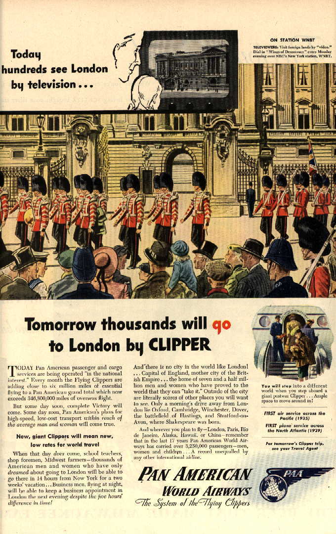 1945 A post WWII ad promoting future travel to England via Pan American.